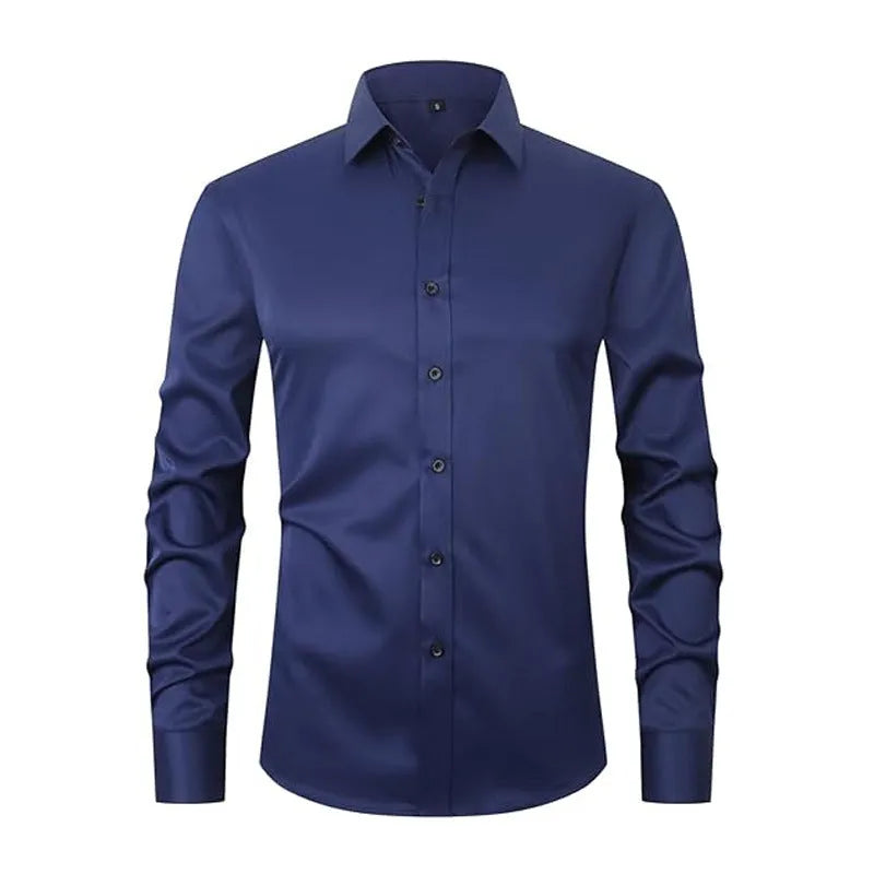 Men's stretch long sleeve work shirt in polyester fabric, shown in a light colour on a hanger.