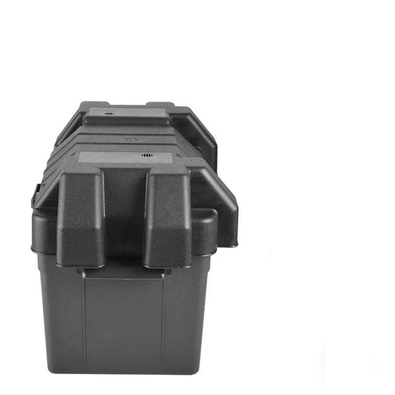 Black PP plastic battery storage box with strap and base screw fixing system shown in two size options