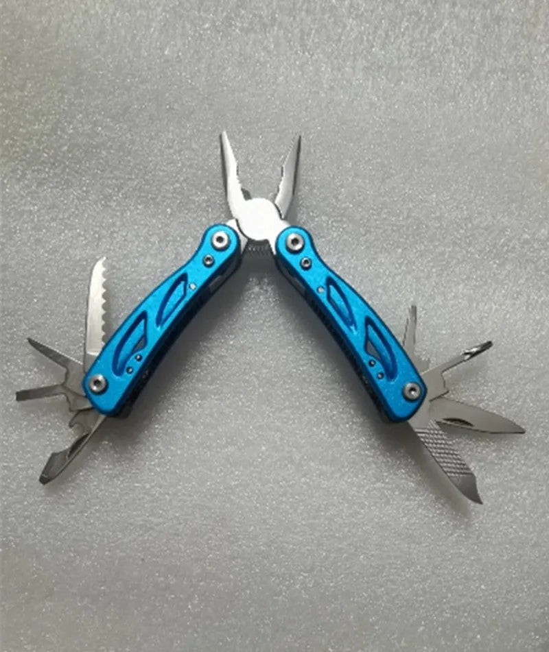 Blue folding multi-function pliers with fruit knife tool showing open and closed positions
