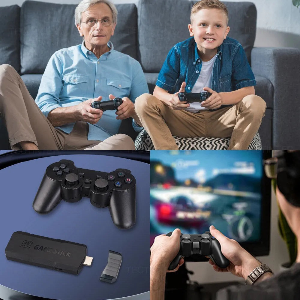 4K wireless game console with sport-style handle and HDMI cable on entertainment shelf