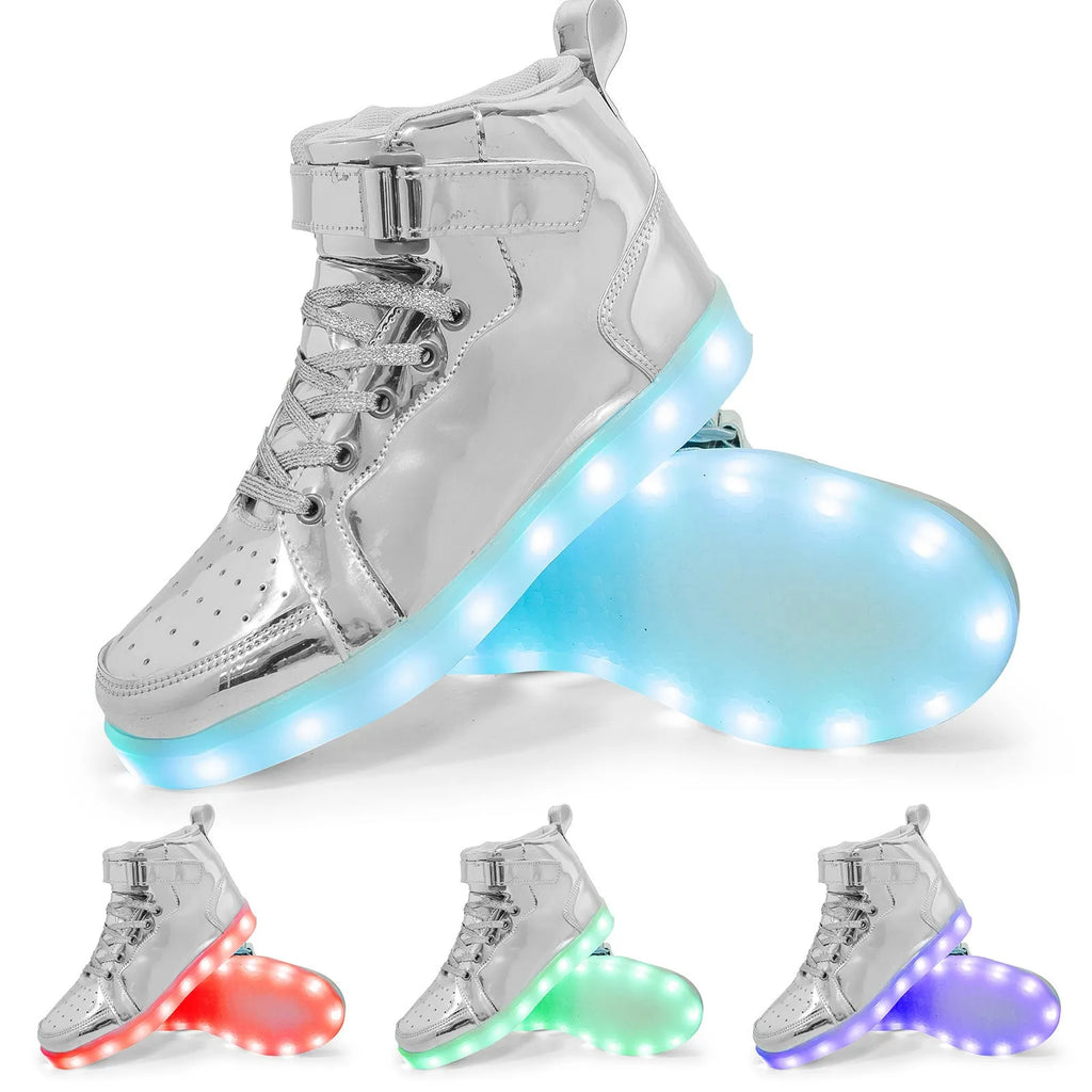 A pair of black high-top LED sneakers with Velcro straps and lights glowing in the rubber sole.
