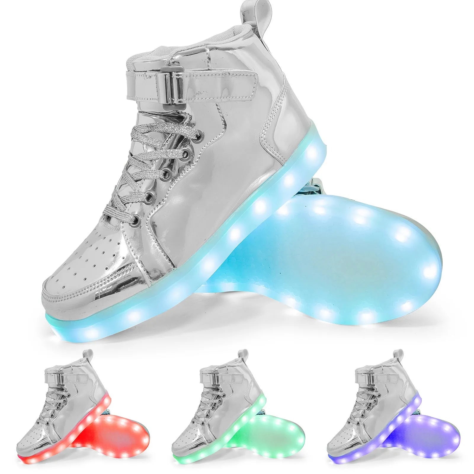 A pair of black high-top LED sneakers with Velcro straps and lights glowing in the rubber sole.