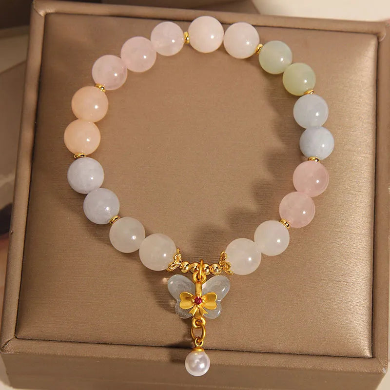 Natural morganite crystal bracelet with colourful butterfly pendant and adjustable chain