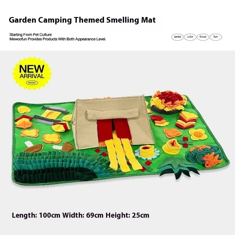 Plastic fabric dog sniffing mat with themed design for treat hiding and canine enrichment