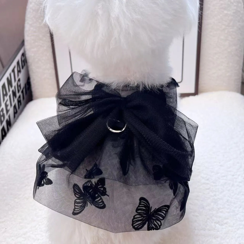 Black gauze tulle princess skirt on a small dog, showing layered design and fit.