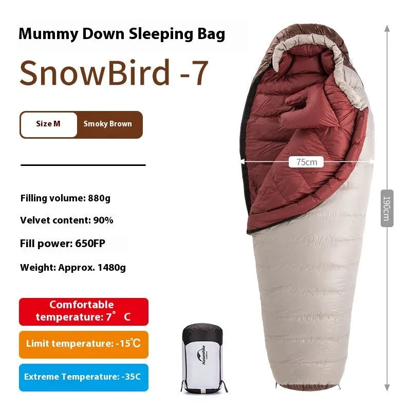 Mummy style goose down sleeping bag with storage bag for camping