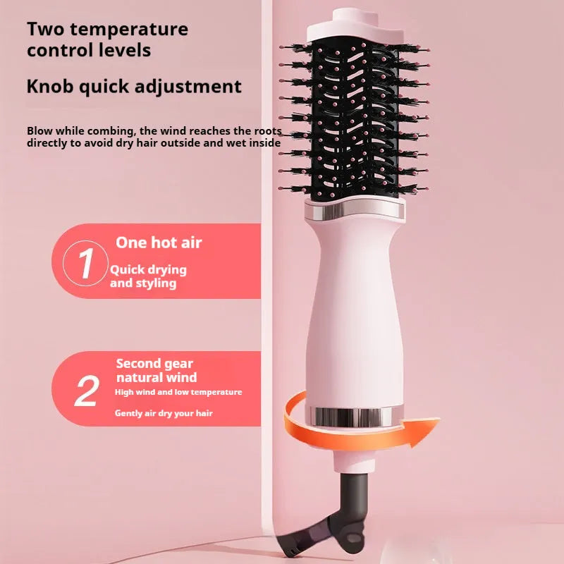 Pink multifunctional hair dryer with styling comb attachment for drying, straightening and curling hair