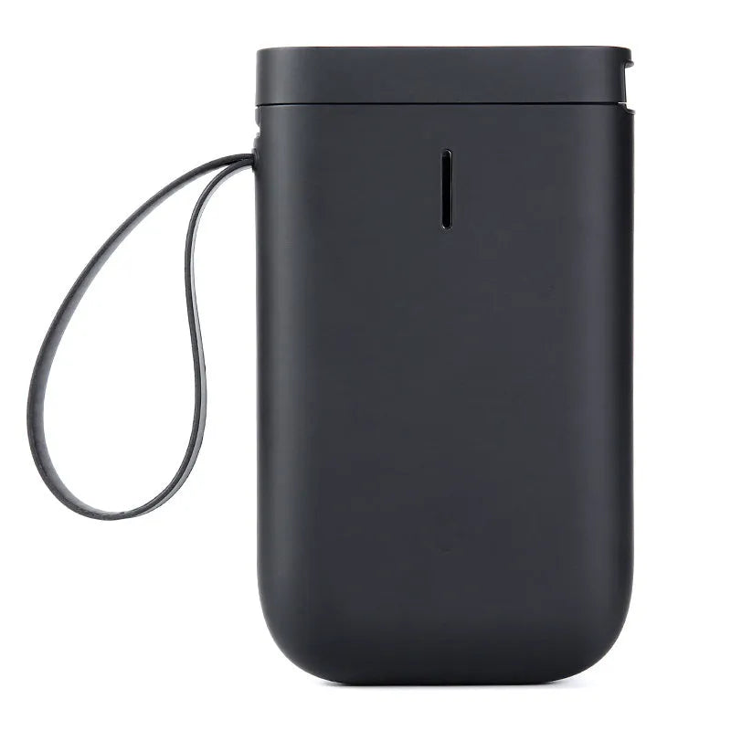 D11 Bluetooth thermal label printer with compact black design shown next to printed labels