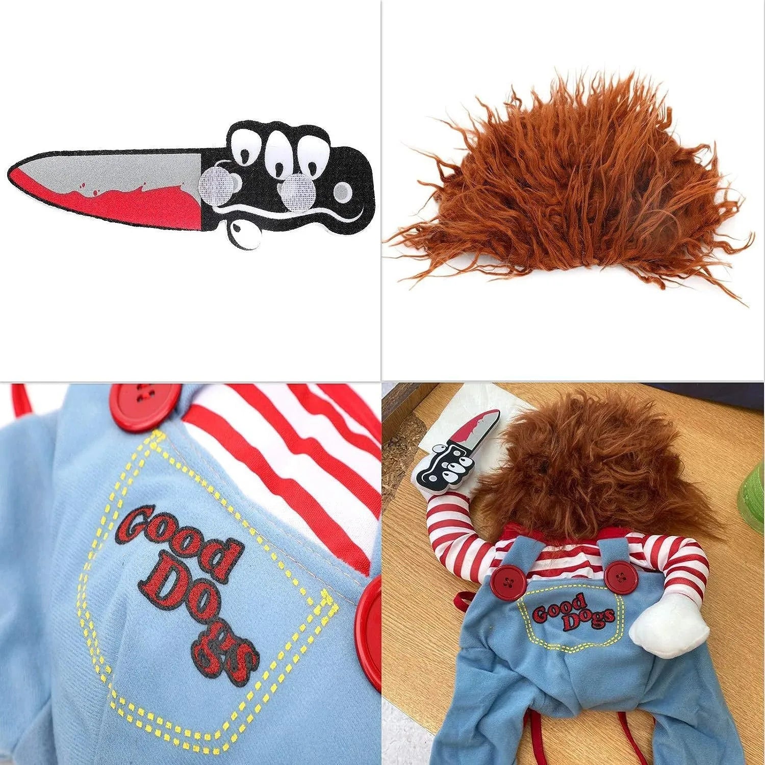Striped Halloween harness pants costume set for dogs and cats with knife accessory