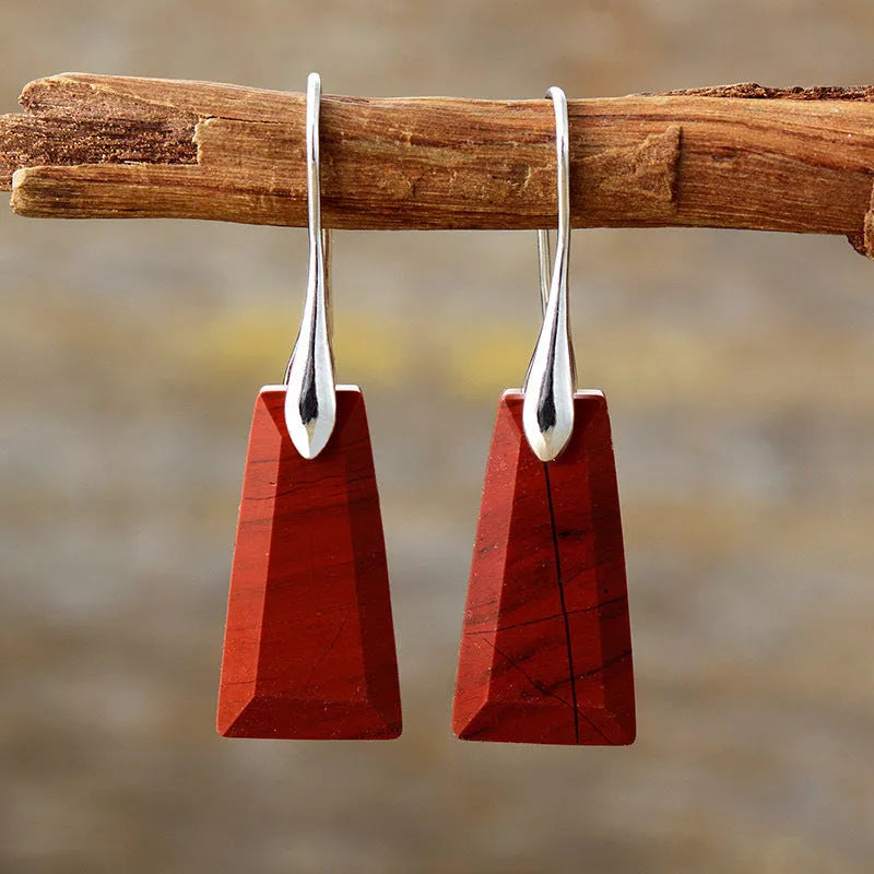 Natural stone lapis lazuli earrings with geometric design and gold hook