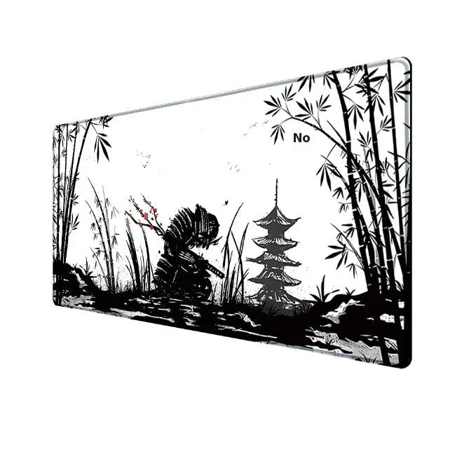 Japanese samurai pattern gaming mouse pad on desk with computer mouse
