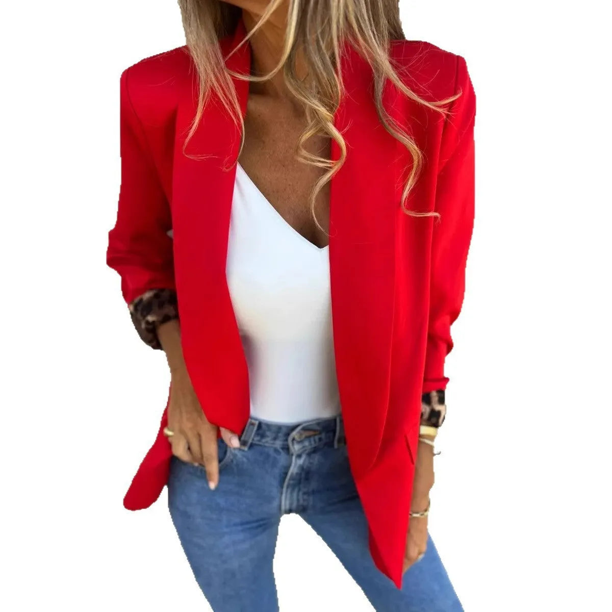 Women's black slim fit blazer with cheetah print pattern on lapels and chest, regular sleeves