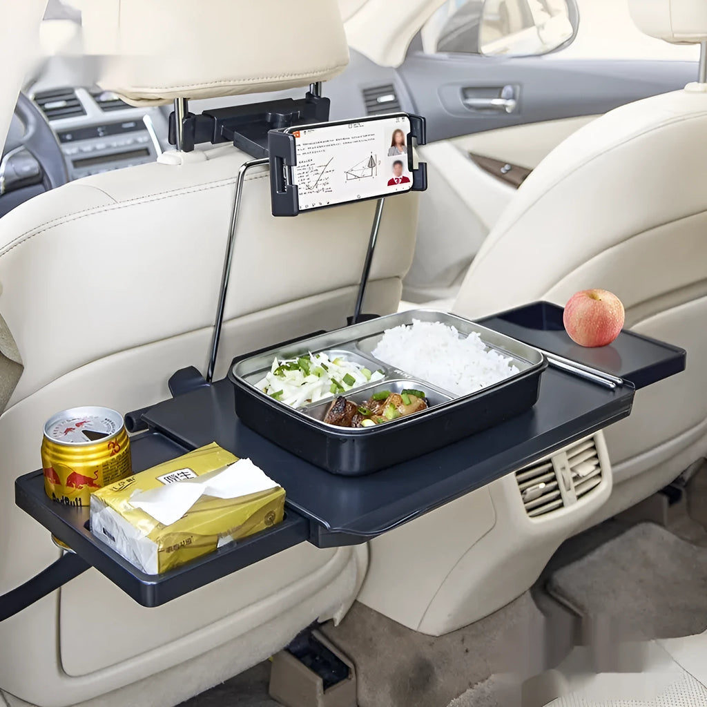 Foldable black ABS car seat back dining table board with phone and tablet clip and headrest strap