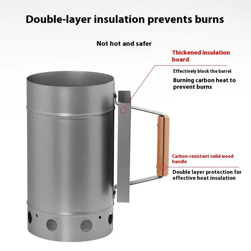 Zinc-iron alloy charcoal fire starter in a carbon bucket style with an oven igniter.