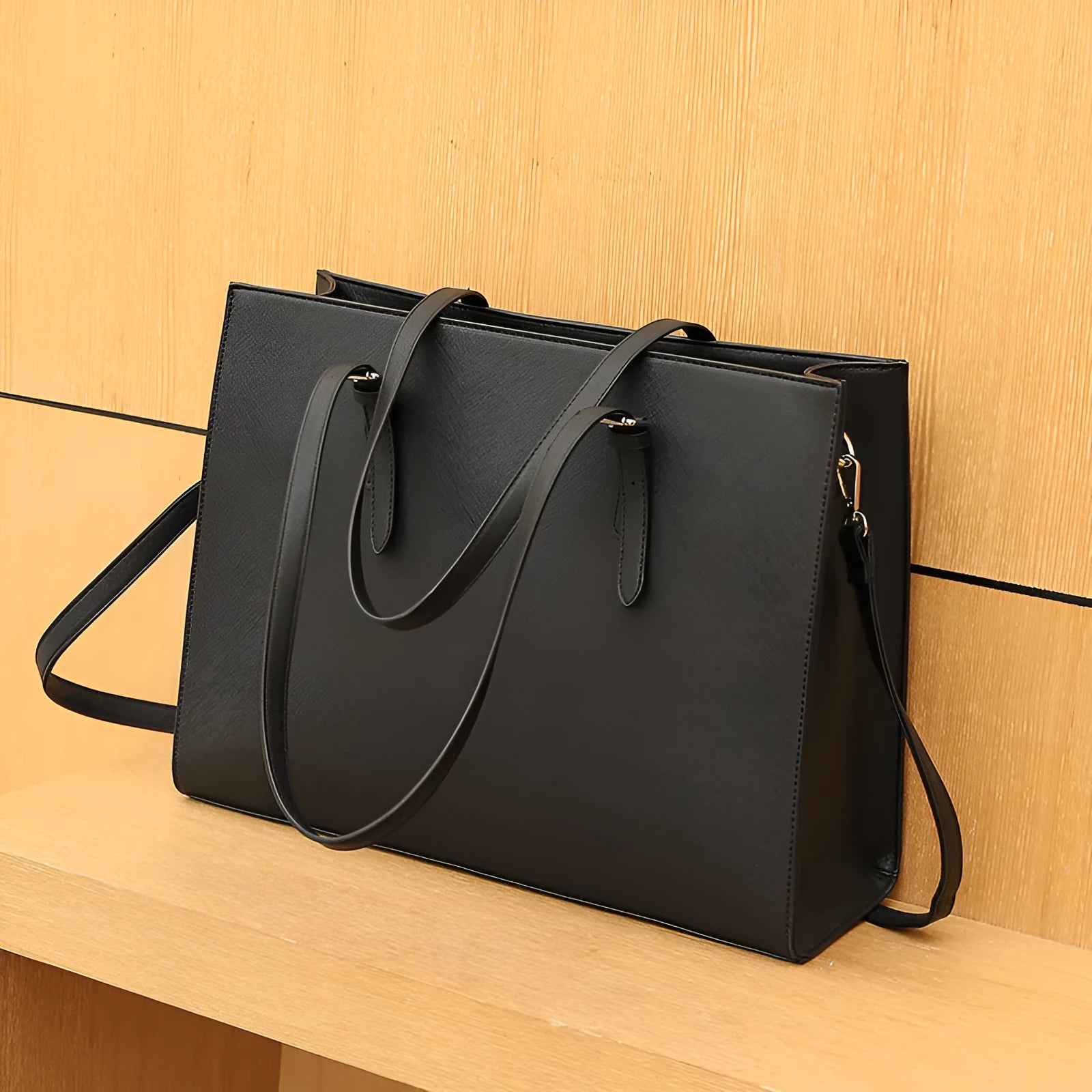 Large black women's business shoulder bag showing triple strap options and internal organisation compartments