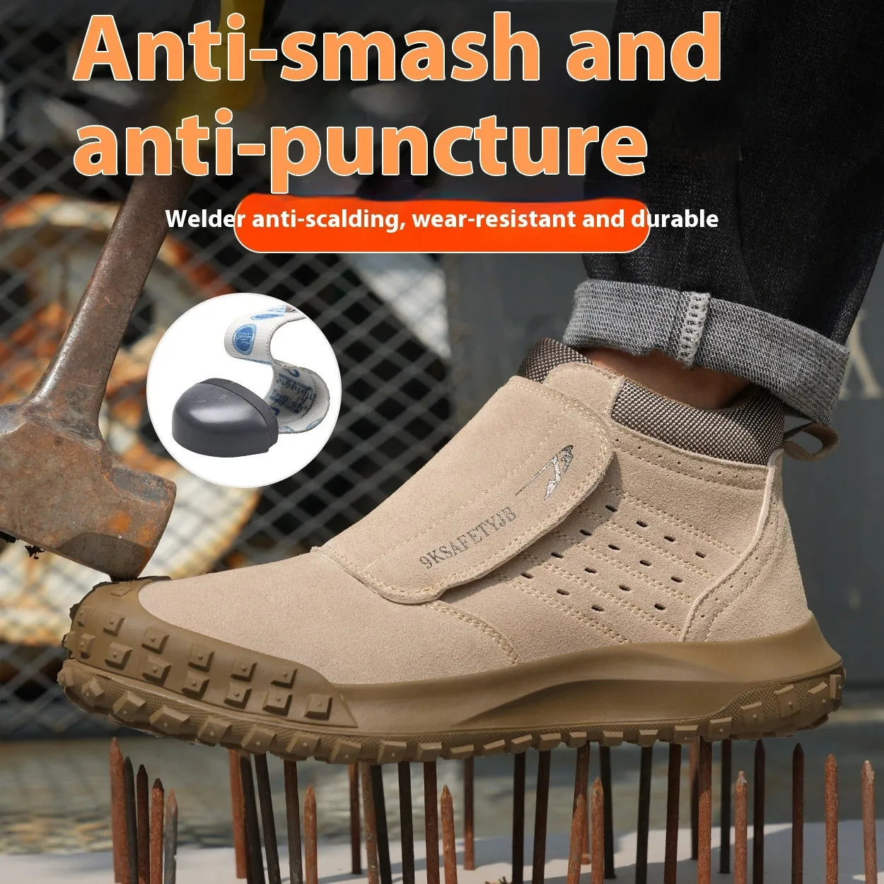 Lightweight grey sand coloured safety shoes with steel toe cap and lace-up front.