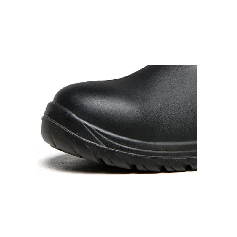 Black leather safety work boots with high-top design and anti-piercing protection
