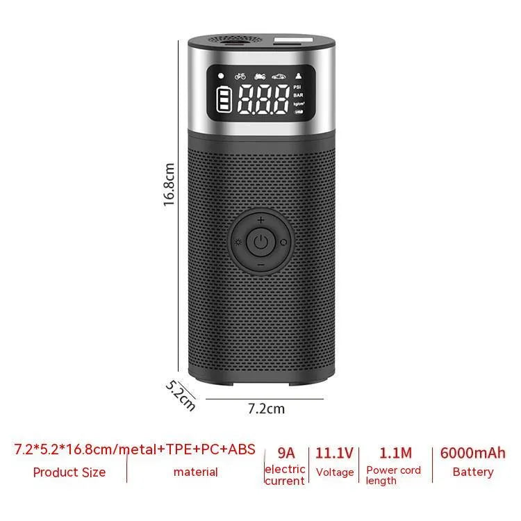 Black portable wireless air pump with 15cm tube, multiple nozzles and USB charging cable