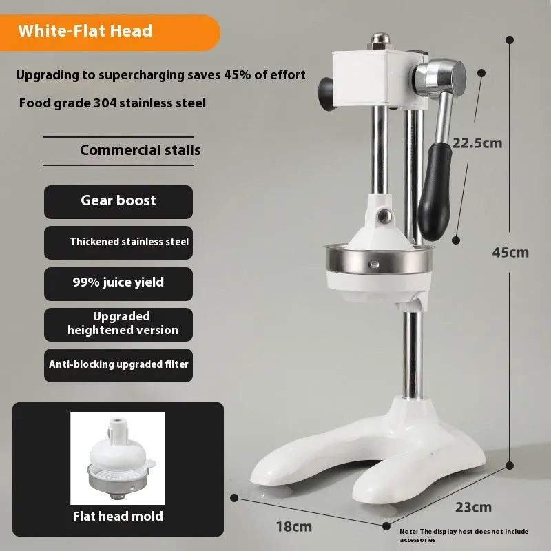 Vertical stainless steel and zinc alloy manual citrus juicer on a kitchen counter.