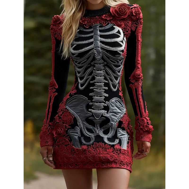 Women wearing a 3D printed Halloween long sleeve dress with v-neck and mid waist in black colour