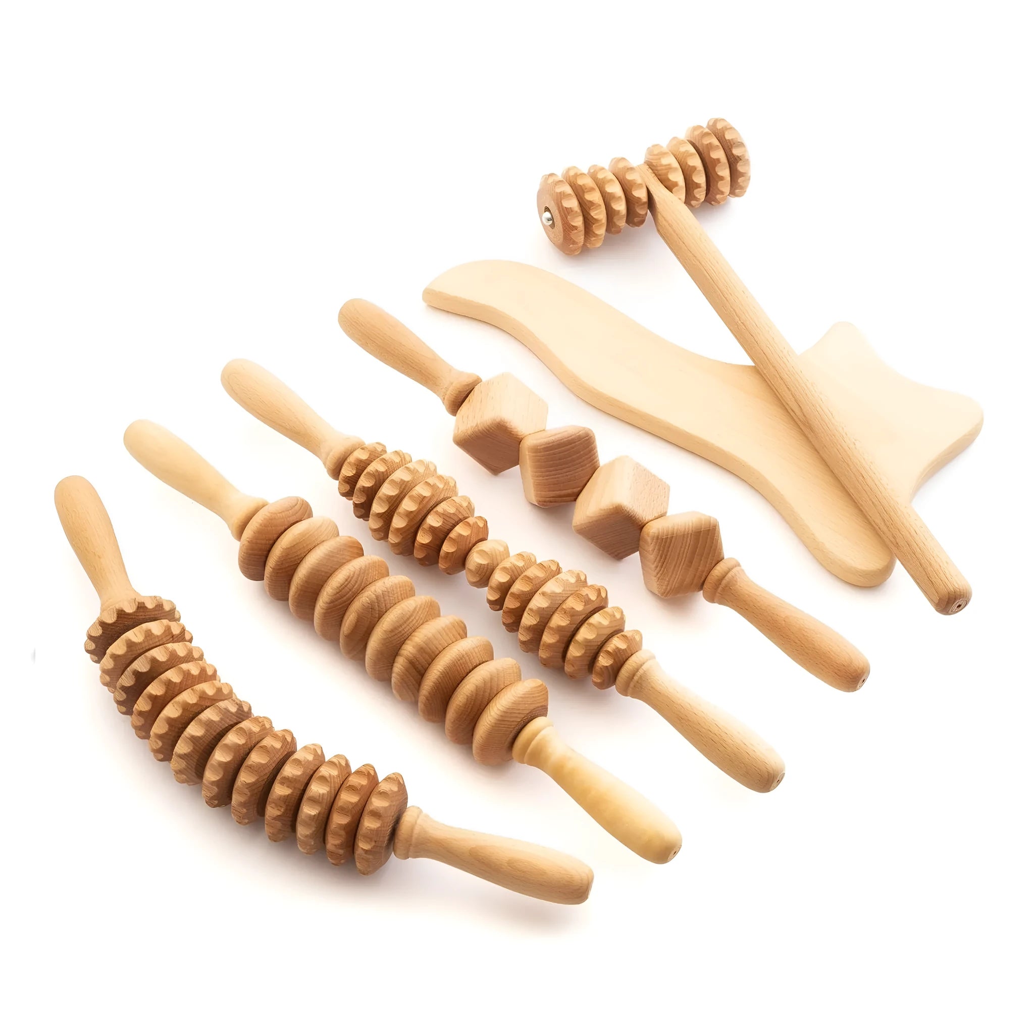 Natural beech wood massage roller set showing T-shaped roller, straight wheel and curved wheel pieces