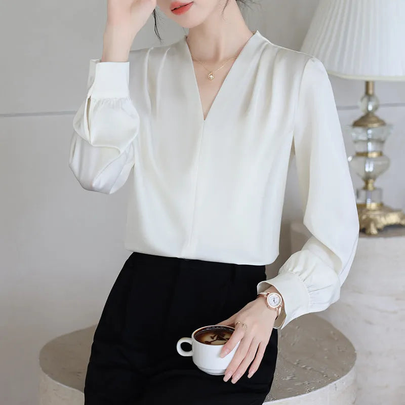 Women's slim fit satin shirt with long sleeves and 3D stitching in blue colour