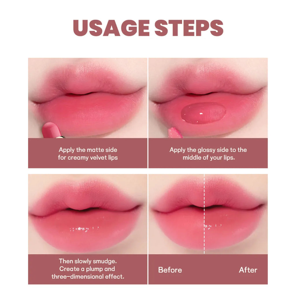Double-headed lipstick and lip gloss product showing matte and glossy ends in one of ten available colours.
