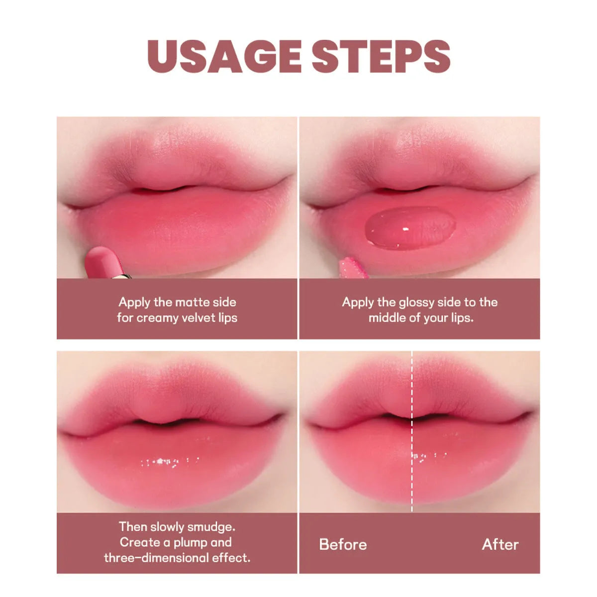 Double-headed lipstick and lip gloss product showing matte and glossy ends in one of ten available colours.