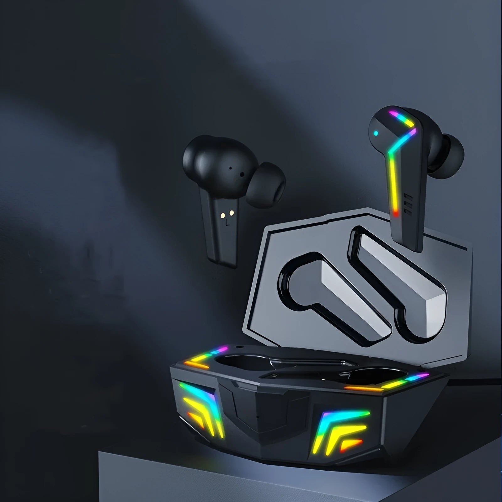 Black TWS Bluetooth in-ear sports headset with charging case on a plain background.