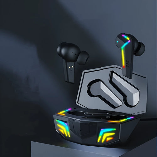 Black TWS Bluetooth in-ear sports headset with charging case on a plain background.