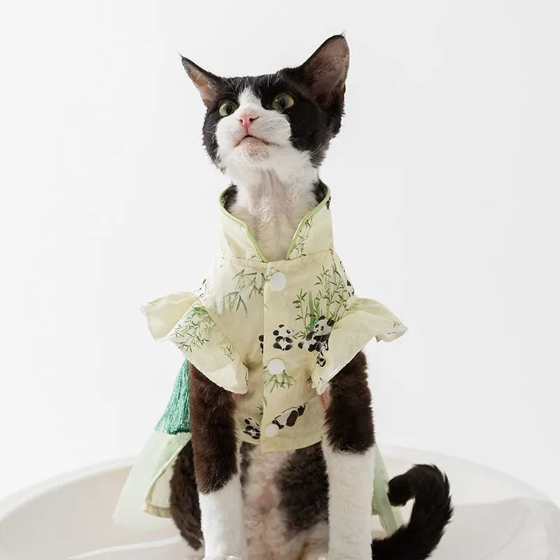 Chinese style panda bamboo leaf woven fabric cat skirt on a cat, buckle vest design