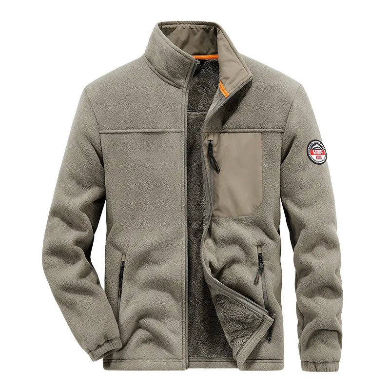 Men's grey thickened spandex fleece cardigan jacket with zipper pockets shown on a hanger