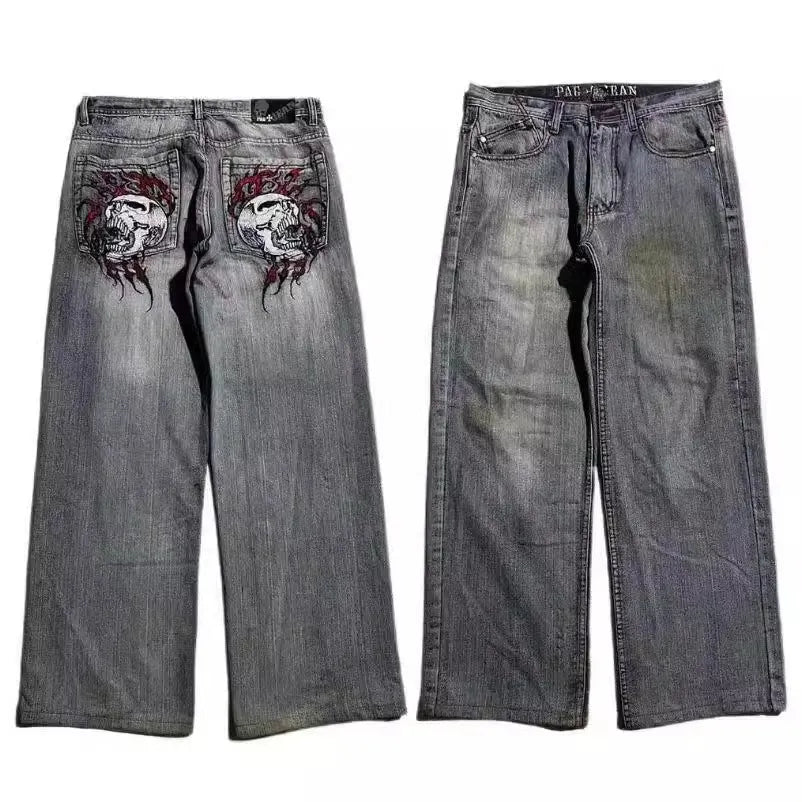 Men's grey washed-out American retro denim jeans with wide-leg workwear design and straight-leg cut