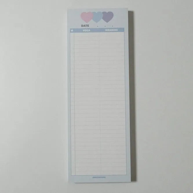 Vertical English word notepad in blue, pink, or purple cover, showing double-sided printed pages.
