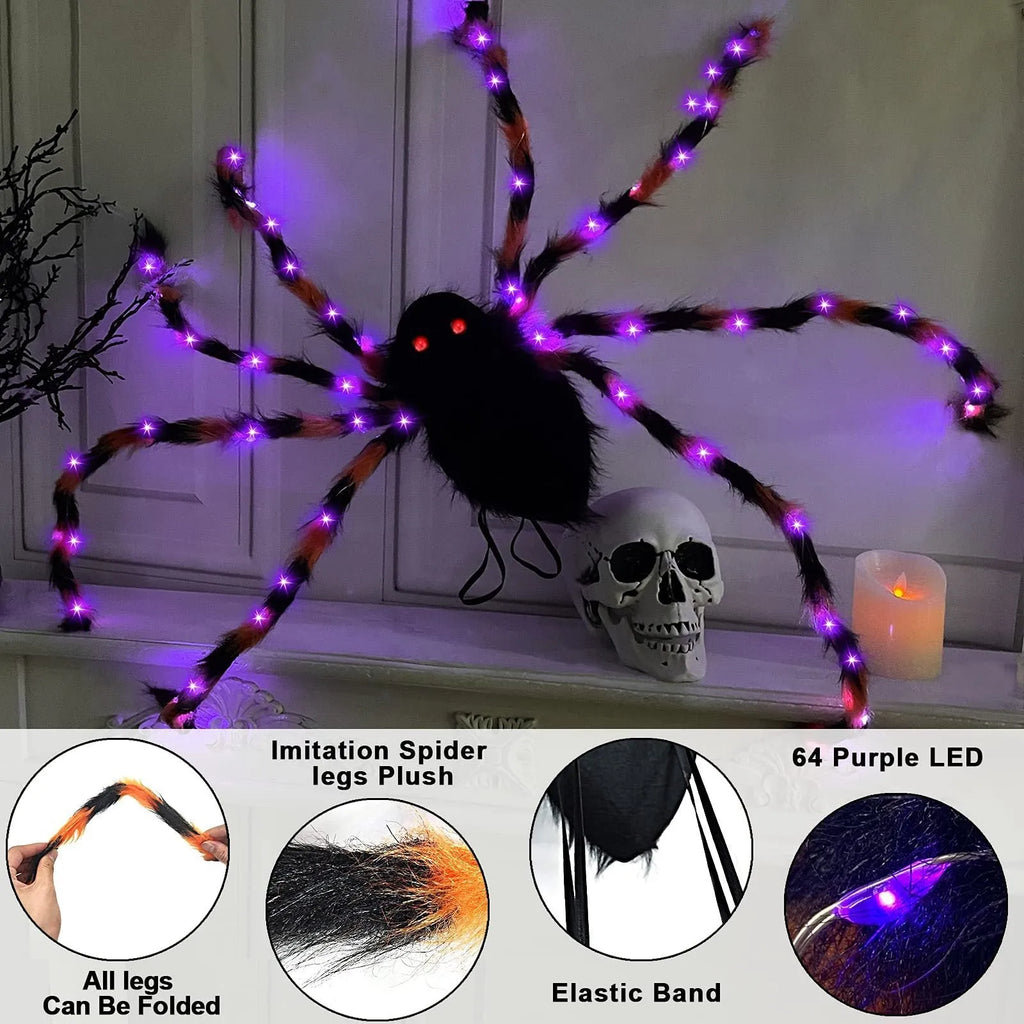 Plush Halloween spider backpack with LED lights in green, shown at 125cm length.