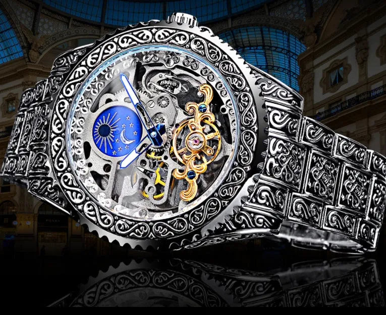 Men's automatic mechanical watch with hollow retro carved dial, moon phase display, stainless steel strap, 44mm gold finish