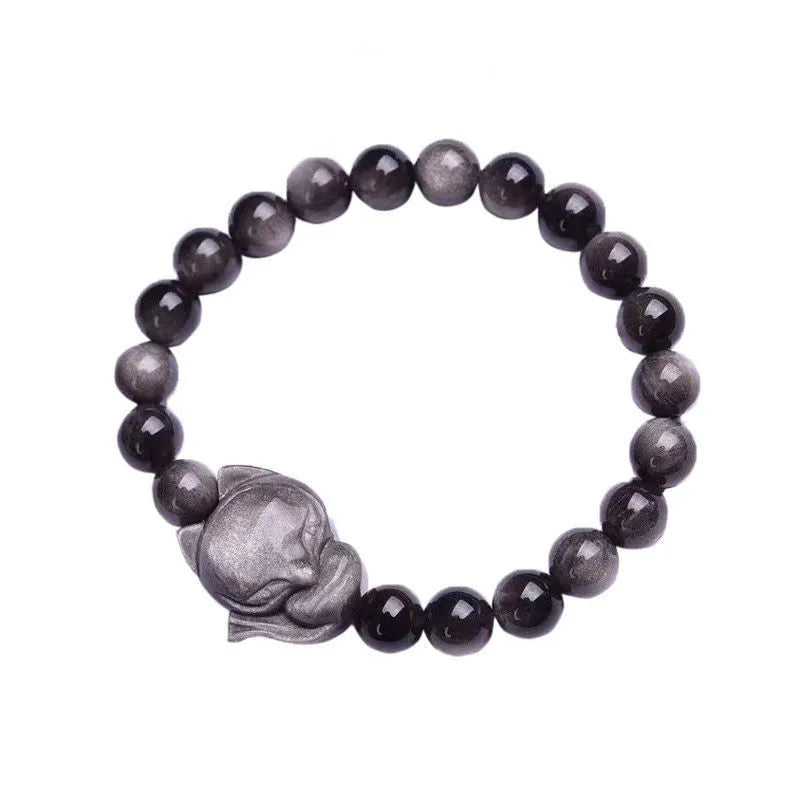 Obsidian fox single ring bracelet with 8mm black stone bead and silver charm on elastic cord.