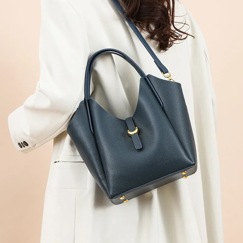 Genuine leather women's retro bucket bag with hand holding design in black, beige, khaki or lake blue colour