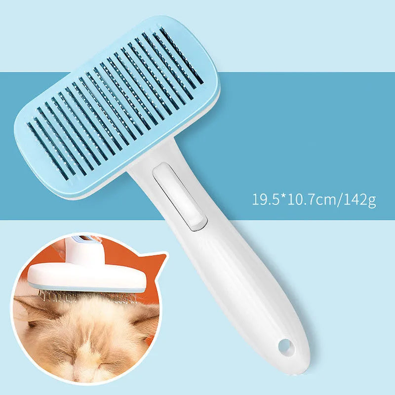 Automatic pet hair removal comb for dogs and cats in blue, grey, green, or pink colour