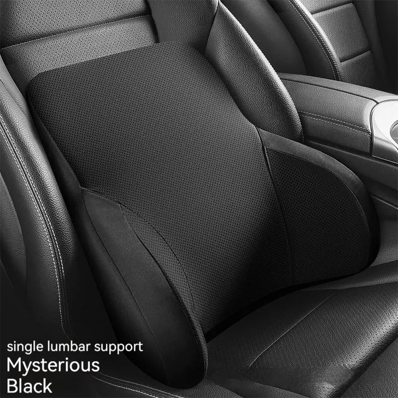 Memory foam and latex car lumbar support pillow and matching headrest with knitted fabric cover.