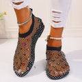Women's colourful rhinestone mesh flat sandals with round toe and rubber sole for summer beach wear