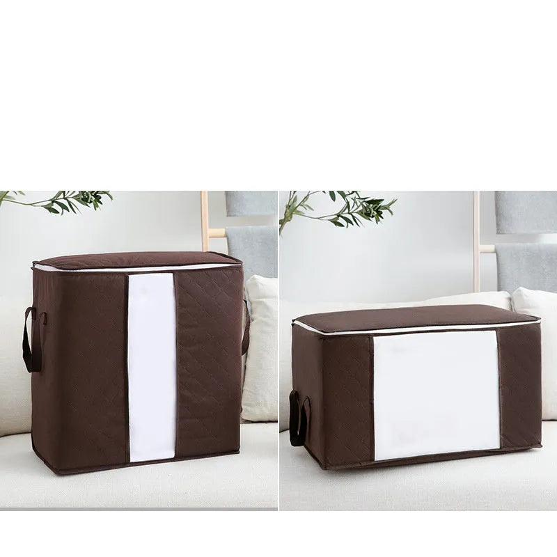 Non-woven fabric storage organiser bag for quilts and clothes in beige colour.