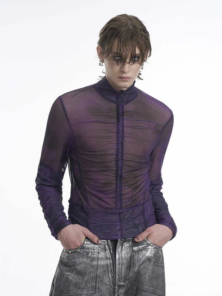 Men's black grey half turtleneck long-sleeved t-shirt with mesh zipper detail on the bottom hem.