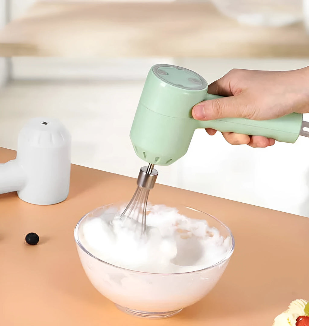 Portable mini wireless electric egg beater with USB charging, 3 speeds, and 2 stainless steel stirrers in green, pink, or white