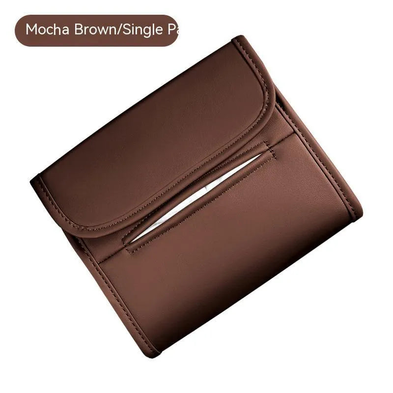 Leather car tissue box with elastic band mounting in five colour options