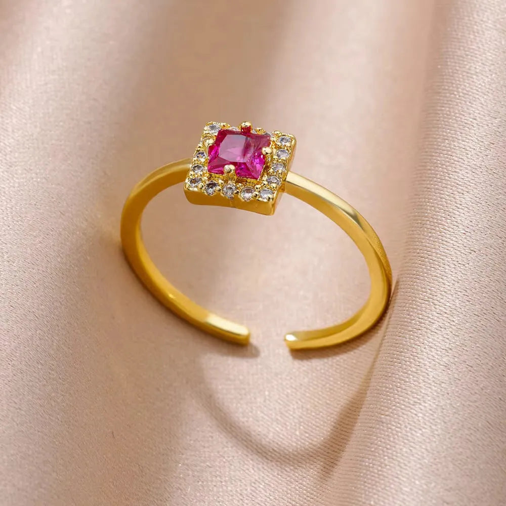 Adjustable 18K gold plated love emerald ring with synthetic zircon for women, open mouth copper design