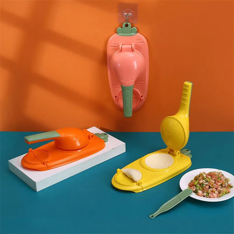 Orange and white manual dumpling skin press tool with ergonomic handle and hanging hole