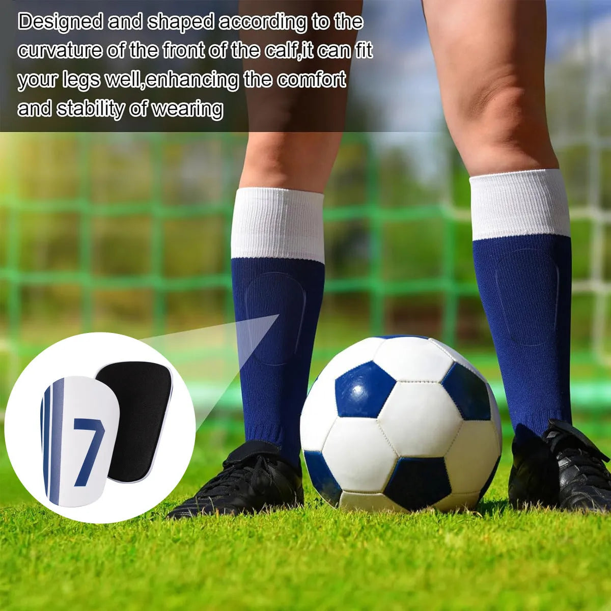 Blue and white No. 7 thickened PU football shin guards in XS, S and M sizes, one pair