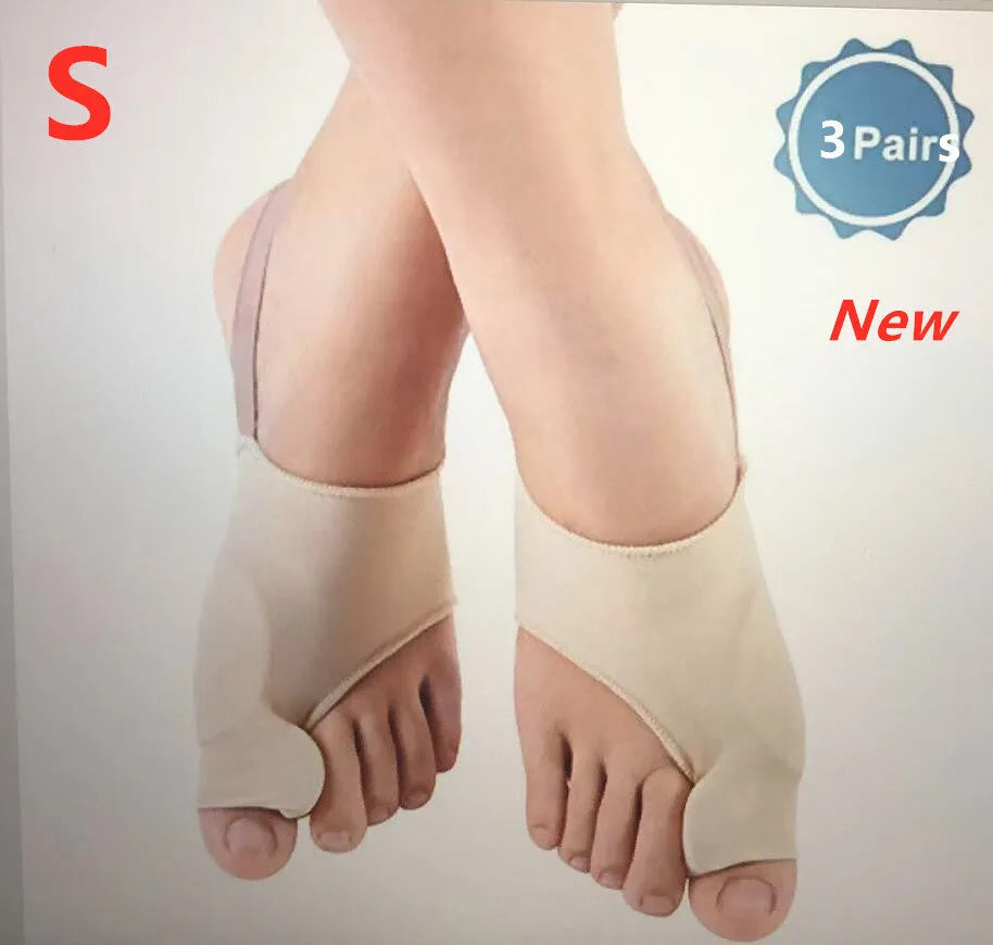 Corrective bunion relief socks with silicone gel toe separator in small, medium, and large sizes.