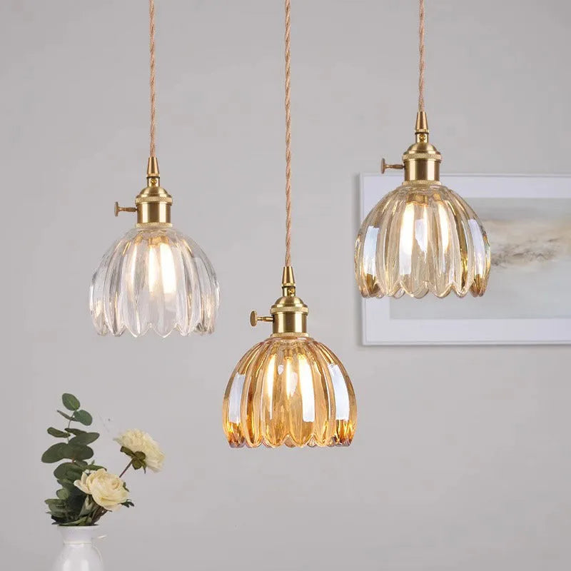 Vintage Nordic style glass flower chandelier with coloured shades in bedroom setting